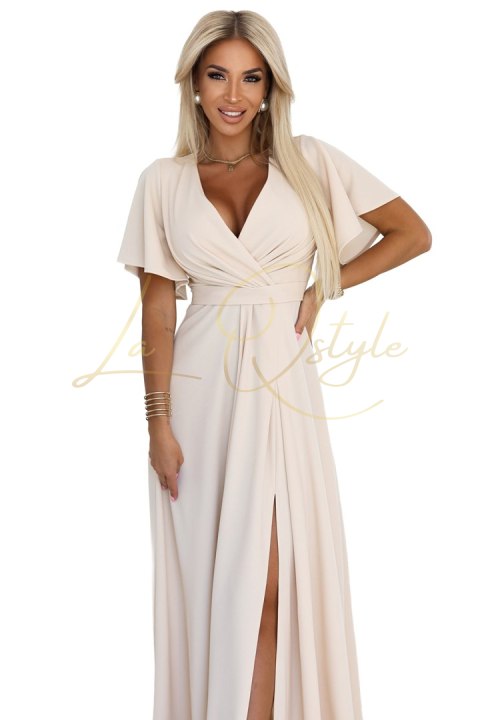 Długa suknia z rozcięciem na nogę, rękawkiem i dekoltem BEŻOWA