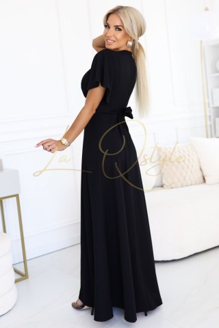 JENNIFER długa suknia z rozcięciem na nogę, rękawkiem i dekoltem CZARNA