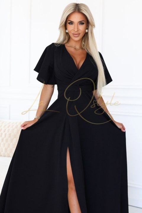 Długa suknia z rozcięciem na nogę, rękawkiem i dekoltem CZARNA