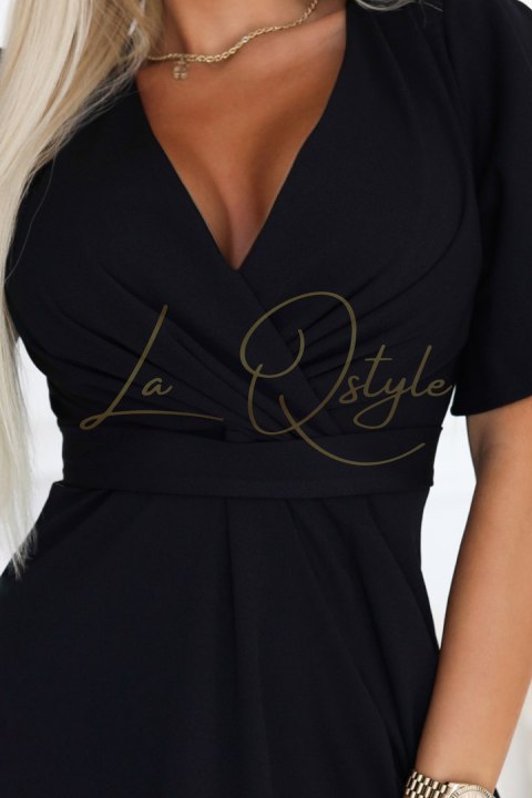 Długa suknia z rozcięciem na nogę, rękawkiem i dekoltem CZARNA