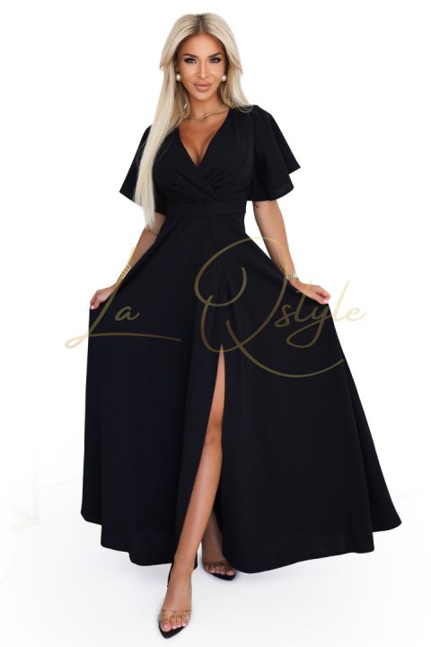 Długa suknia z rozcięciem na nogę, rękawkiem i dekoltem CZARNA
