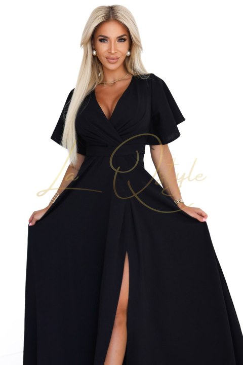 Długa suknia z rozcięciem na nogę, rękawkiem i dekoltem CZARNA