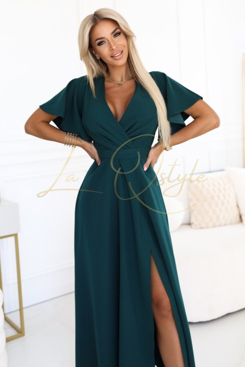 Długa suknia z rozcięciem na nogę, rękawkiem i dekoltem BUTELKOWA ZIELEŃ