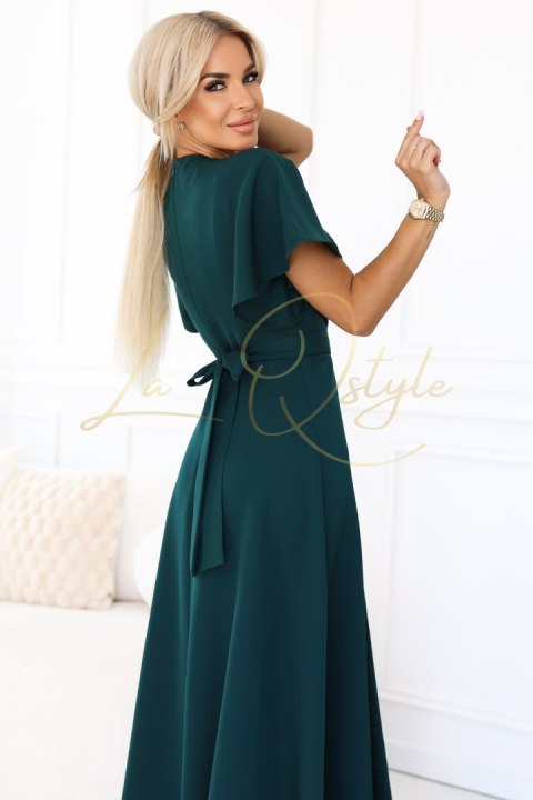 Długa suknia z rozcięciem na nogę, rękawkiem i dekoltem BUTELKOWA ZIELEŃ