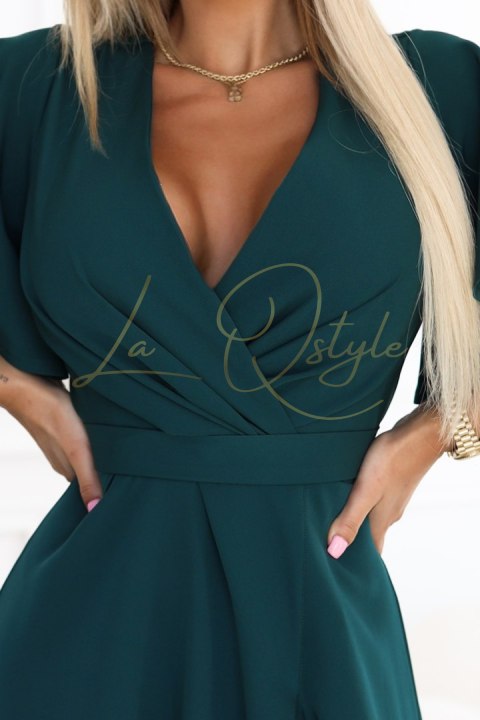 Długa suknia z rozcięciem na nogę, rękawkiem i dekoltem BUTELKOWA ZIELEŃ