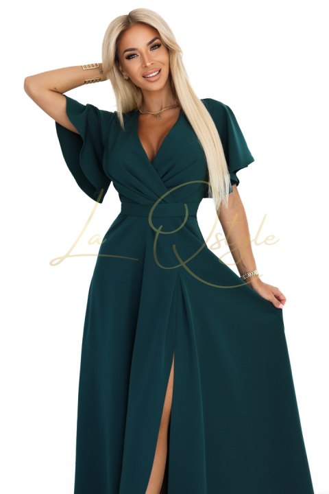 Długa suknia z rozcięciem na nogę, rękawkiem i dekoltem BUTELKOWA ZIELEŃ