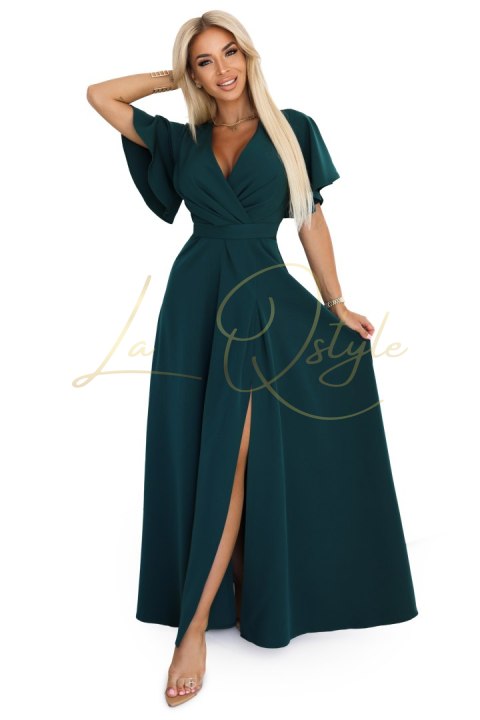 Długa suknia z rozcięciem na nogę, rękawkiem i dekoltem BUTELKOWA ZIELEŃ