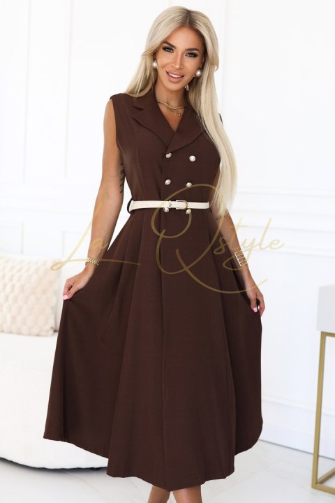 Elegancka szmizjerka midi ze złotymi guzikami i paskiem CZEKOLADOWA