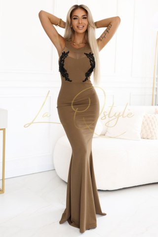 Długa suknia syrenka z czarną koronką i siateczką MOCHA MOUSSE