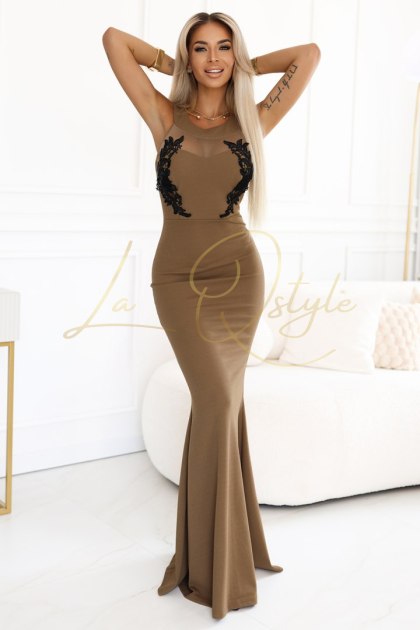 Długa suknia syrenka z czarną koronką i siateczką MOCHA MOUSSE