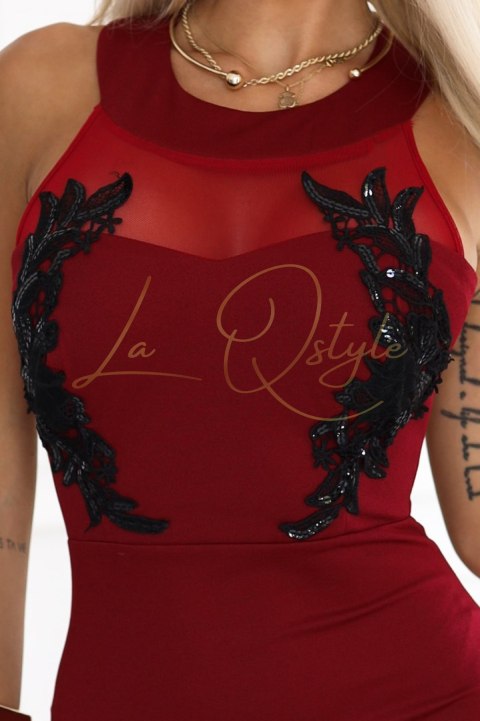 Długa suknia syrenka z czarną koronką i siateczką BORDOWA