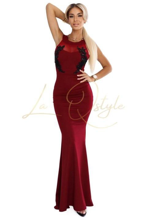 Długa suknia syrenka z czarną koronką i siateczką BORDOWA