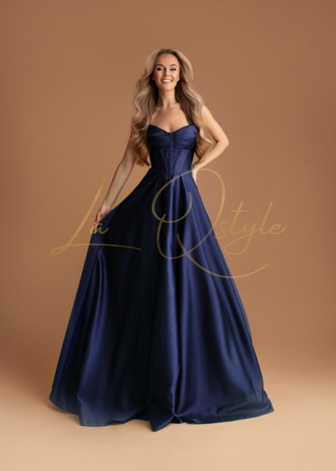 Gorsetowa gładka sukienka balowa z tiulem GRANATOWA