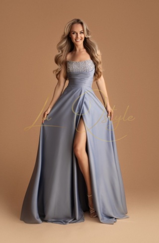 LINA długa satnowa sukienka z rozcięciem i ozdobnym gorsetem ZIMNY NIEBIESKI