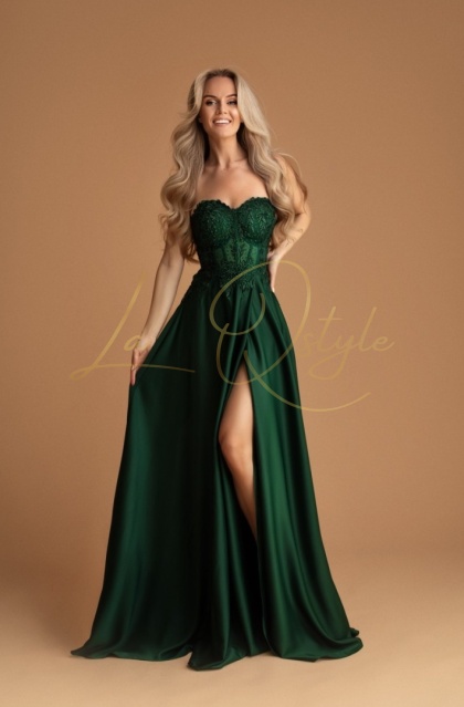 MADELEINE długa sukienka satynowa z rozcięciem i koronkowym gorsetem BUTELKOWA ZIELEŃ