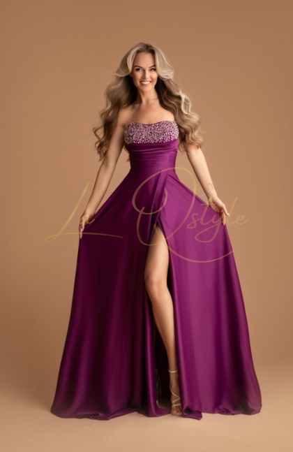 LINA długa satnowa sukienka z rozcięciem i ozdobnym gorsetem BISKUPI