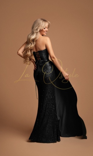 SUZIE dopasowana cekinowa sukienka z gorsetem i trenem CZARNA