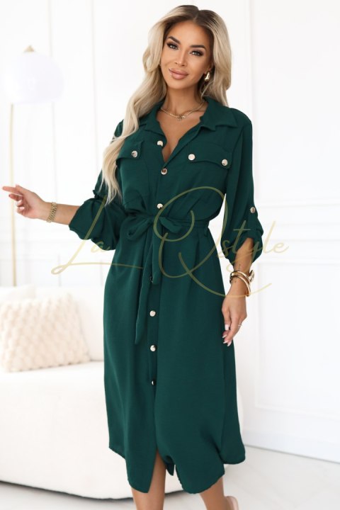 Szmizjerka midi ze złotymi guzikami i wiązaniem - zielona