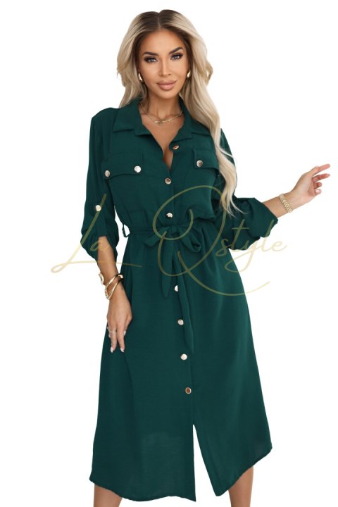 Szmizjerka midi ze złotymi guzikami i wiązaniem - zielona