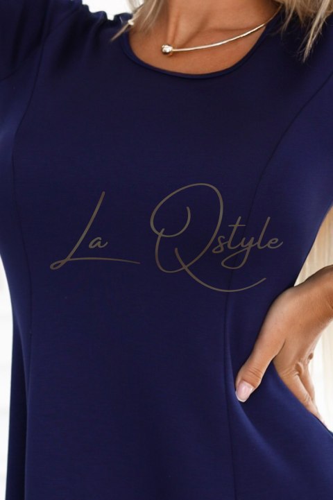 Wygodna trapezowa sukienka z długim rękawkiem GRANATOWA