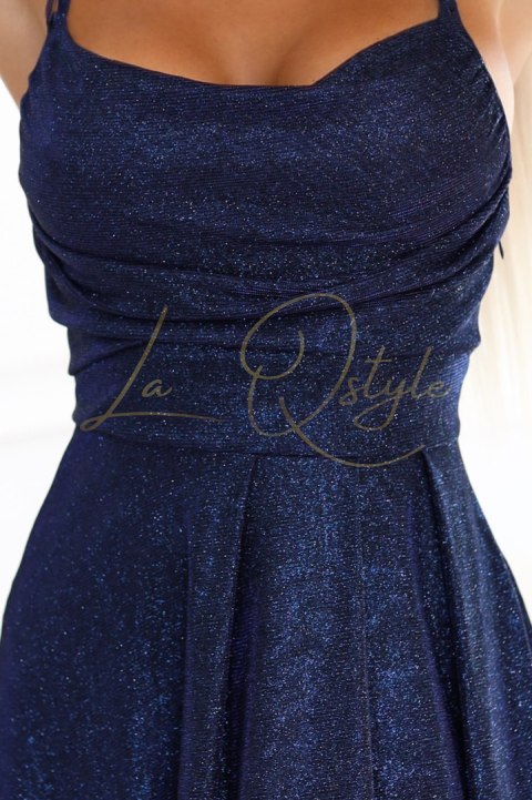 Sukienka z subtelnym połyskiem i gorsetowym wiązaniem na plecach GRANATOWA z brokatem