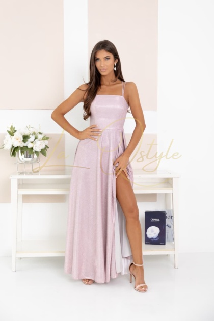 AURELIA brokatowa maxi sukienka z gorsetem i wiązaniem na plecach PUDROWY RÓŻ