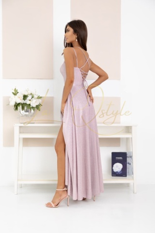 AURELIA brokatowa maxi sukienka z gorsetem i wiązaniem na plecach PUDROWY RÓŻ