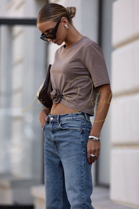 BEŻOWY t-shirt Elvie z marszczeniem i różą