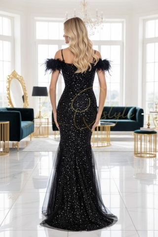 BRI cekinowa sukienka maxi z piórkami i tiulową wstawką CZARNA