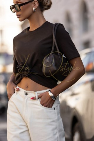 Czekoladowy t-shirt Elvie z marszczeniem i różą