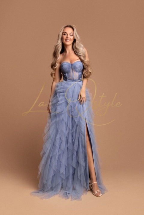 Sukienka tiulowa z gorsetem i rozcięciem księżniczka ZIMNY NIEBIESKI