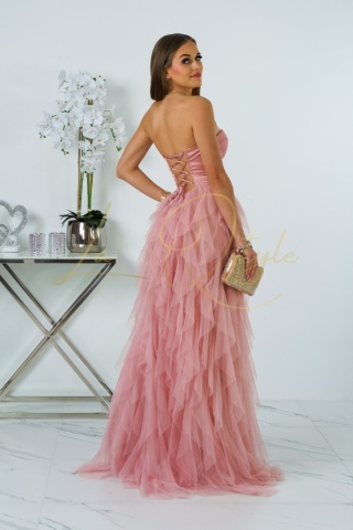 ELEONORA sukienka tiulowa z gorsetem i rozcięciem księżniczka PUDROWY RÓŻ
