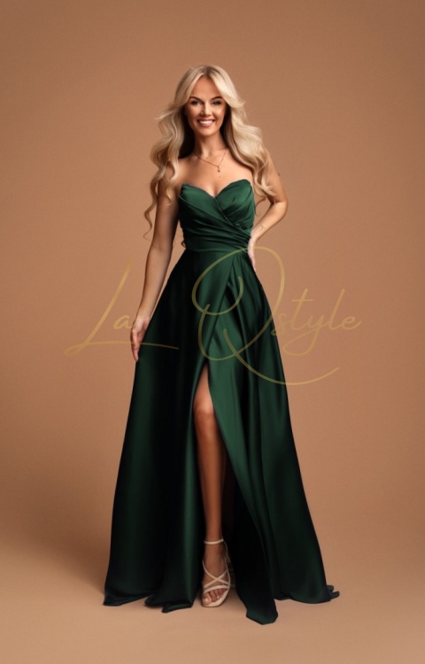 Długa rozkloszowana satynowa sukienka z gorsetem BUTELKOWA ZIELEŃ
