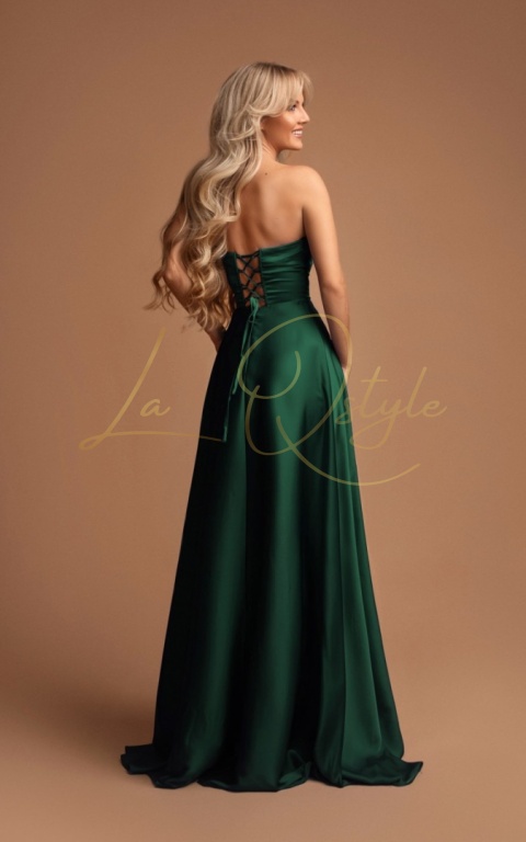 Długa rozkloszowana satynowa sukienka z gorsetem BUTELKOWA ZIELEŃ