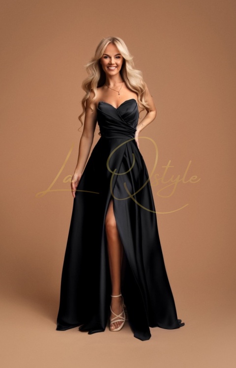 Długa rozkloszowana satynowa sukienka z gorsetem CZARNA