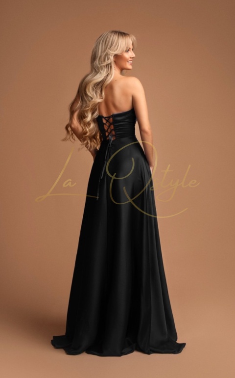 Długa rozkloszowana satynowa sukienka z gorsetem CZARNA