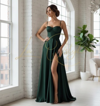 EMMA długa sukienka satynowa z rozcięciem i gorsetem BUTELKOWA ZIELEŃ