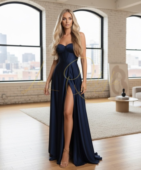 Długa sukienka satynowa z rozcięciem i gorsetem GRANATOWA