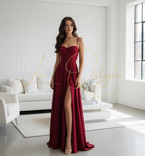 Długa sukienka satynowa z rozcięciem i gorsetem WIŚNIA