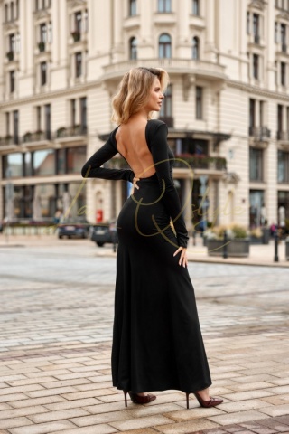 VELORIA drapowana sukienka z długim rękawem i odkrytymi plecami CZARNA