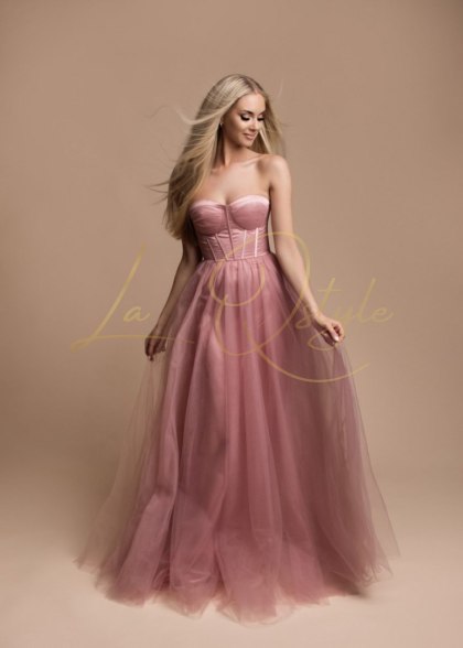 FLORA długa tiulowa sukienka z gorsetem księżniczka PUDROWY RÓŻ