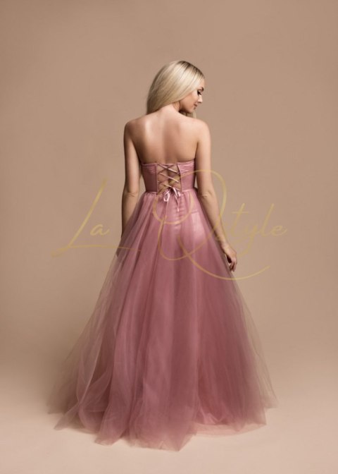 Długa tiulowa sukienka z gorsetem księżniczka PUDROWY RÓŻ