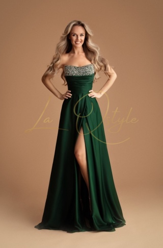 LINA długa satnowa sukienka z rozcięciem i ozdobnym gorsetem BUTELKOWA ZIELEŃ