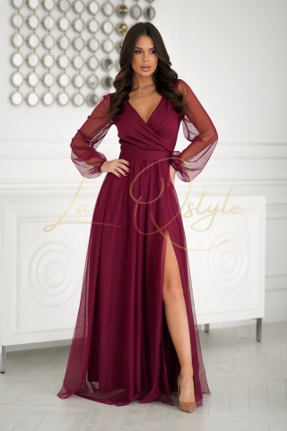 MARGARET długa tiulowa sukienka z długim rękawem i paskiem BORDOWA