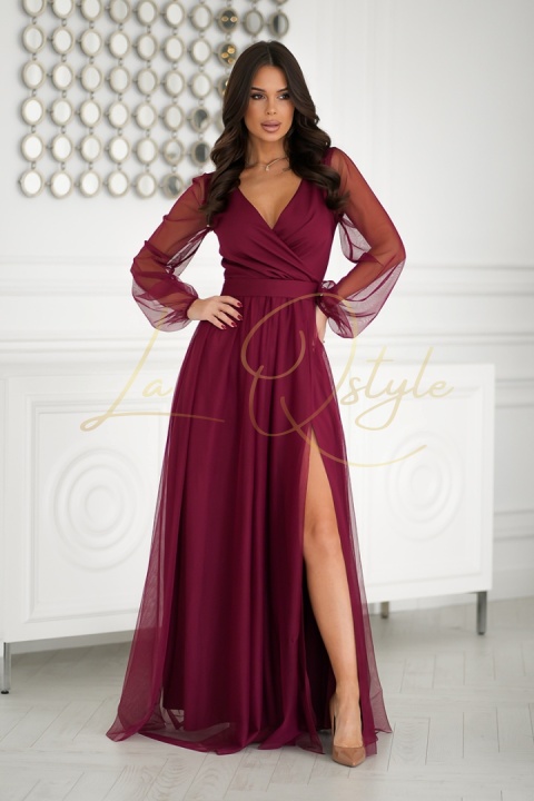 Długa tiulowa sukienka z długim rękawem i paskiem BORDOWA