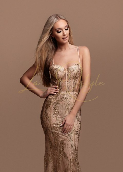 Dopasowana sukienka brokatowa  z gorsetem ZŁOTA