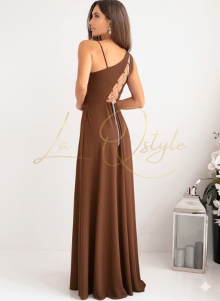 MONAKO gładka sukienka z ozdobnym wiązaniem na plecach CZEKOLADA