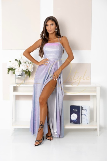 AURELIA brokatowa maxi sukienka z gorsetem i wiązaniem na plecach BŁĘKIT RÓŻ