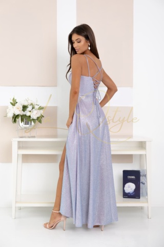 AURELIA brokatowa maxi sukienka z gorsetem i wiązaniem na plecach BŁĘKIT RÓŻ