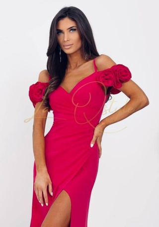 RÓŻA gładka sukienka z różami na ramionach FUKSJA